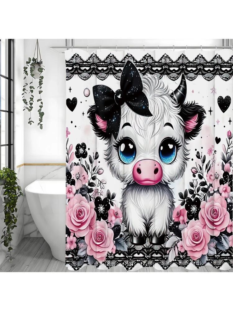

Cute Highland Cow Black Bow Floral Farm Animal Shower Curtain, Bathroom Decorative Shower Curtain, Waterproof Shower Curtain Wit W60H190(CM)-1 Pcs