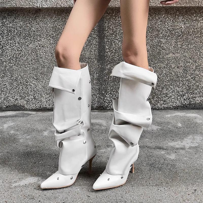 Pointed Stiletto Heel Pile Boots Button Splicing Trouser Tube Boots Spice Girl High Heel Long Tube Fashion Boots Women But Knee Boots Children