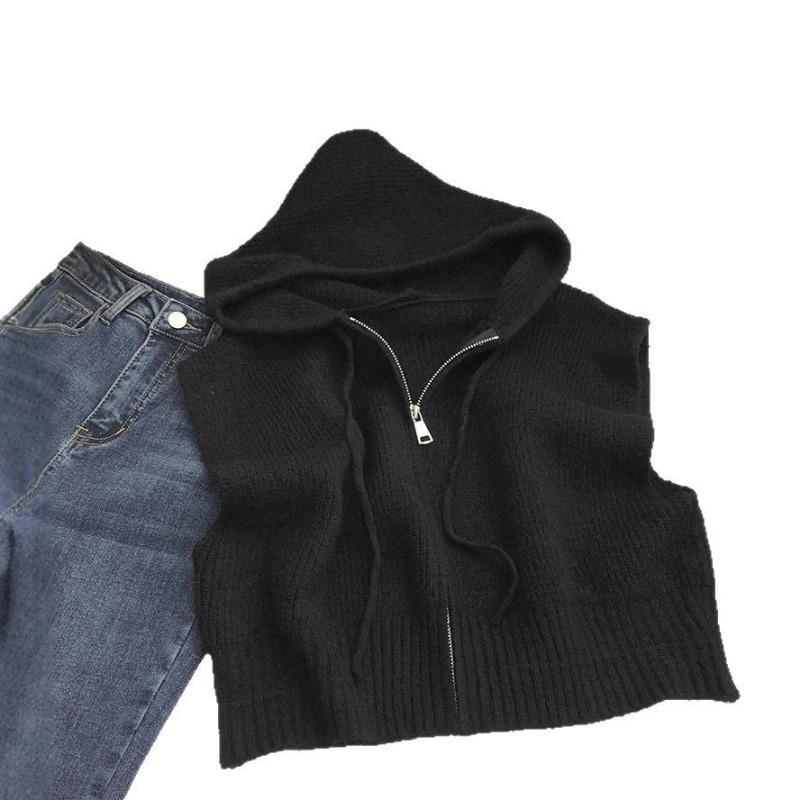 Women's Hooded Knitted Vest Autumn and Winter Zipper Cardigan Sweater Vest Top