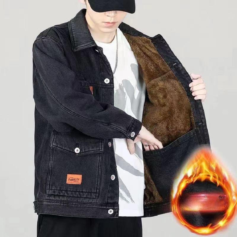 Plus Size Lapel Jacket Winter High-end Multi-pocket Plus Velvet Denim Jacket Men's Loose Trend Casual All-match Top