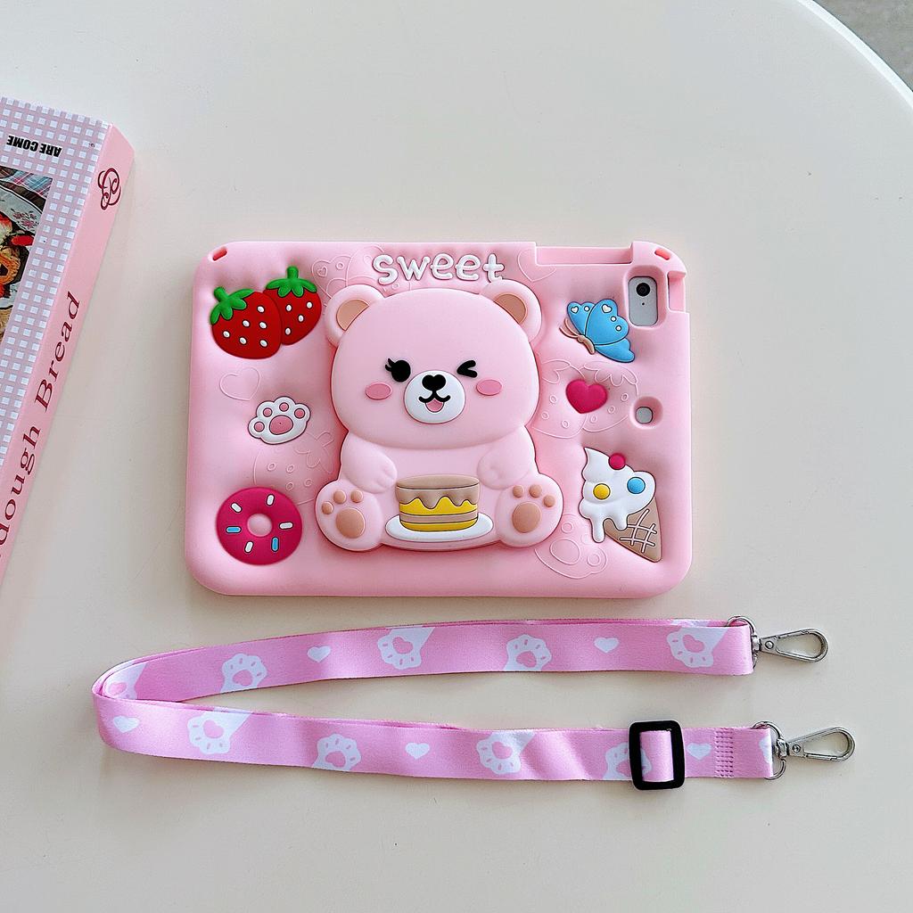 Cute Strawberry Bear Case for iPad Applicable to Samsung tablet and Redmi pad 2 SE 9.7 8.7 11" silicone case with pen slot Cute girl Kids tablet case