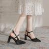 Baotou Sandals Women's Summer Cross with Pointed Toes Single Shoes Satin French Temperament Thick Heel Fashionable Versatile Black High Heels