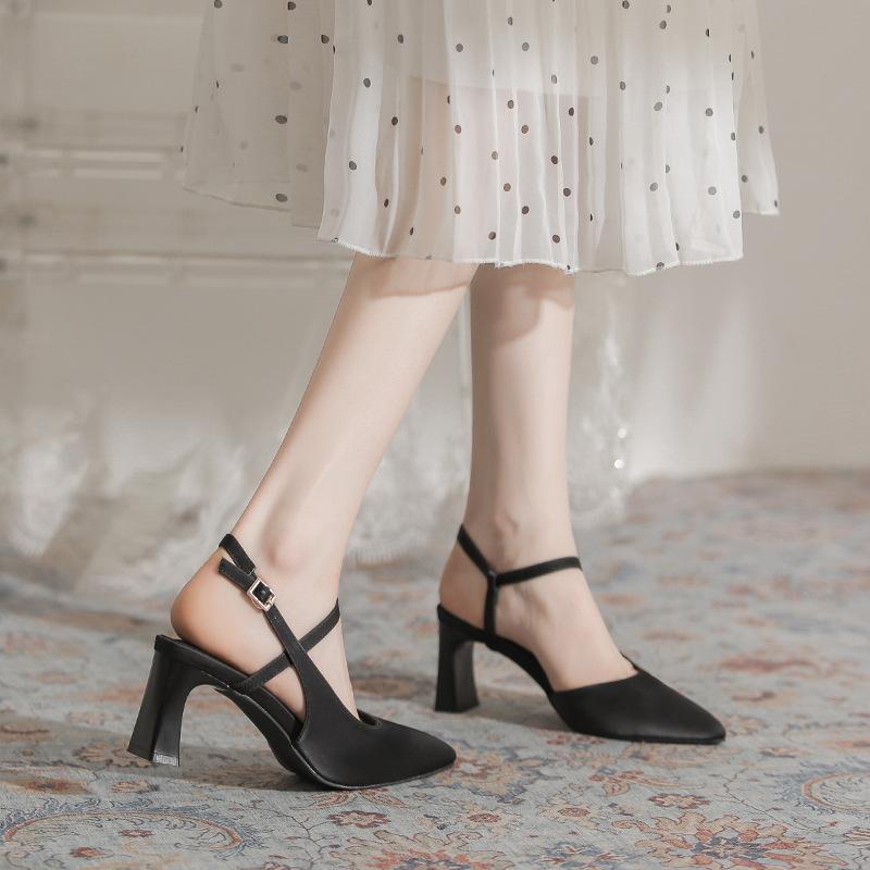 Baotou Sandals Women's Summer Cross with Pointed Toes Single Shoes Satin French Temperament Thick Heel Fashionable Versatile Black High Heels
