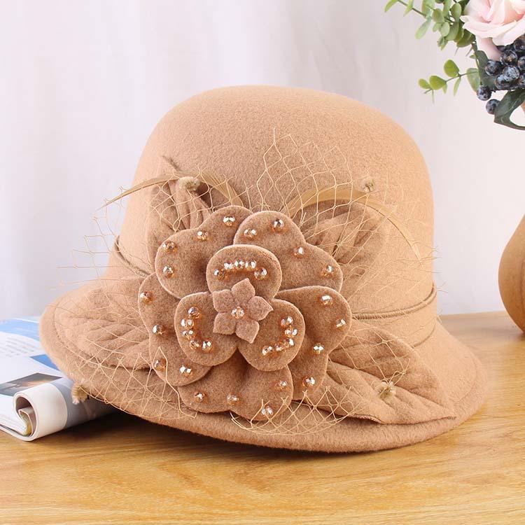 New Hat Ladies Korean Version Bowler Hat Handmade Beaded Woolen Woolen Pot Hat Autumn And Winter Warm Bucket Hat