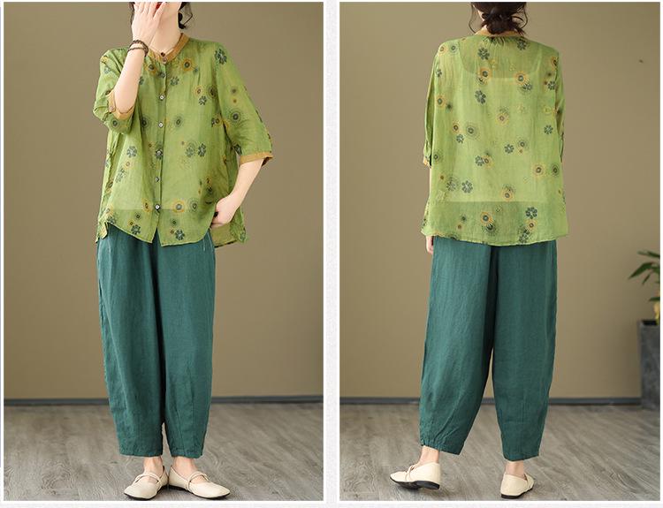 2026 Korean-Style Plus Size Slimming Retro Print Cotton-Linen Two-Piece Summer Set for Women