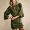 Women's Fashion Casual Hems Split Dress Solided Color Round Neck Sleeve Dress