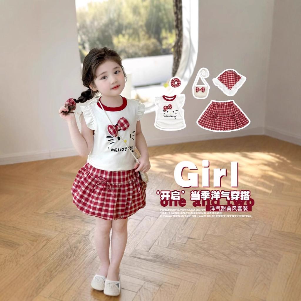 Girls Summer Cartoon Fly Sleeve T Shirt And Plaid Bud Skirt 2 Piece Set Baby Casual Outfit