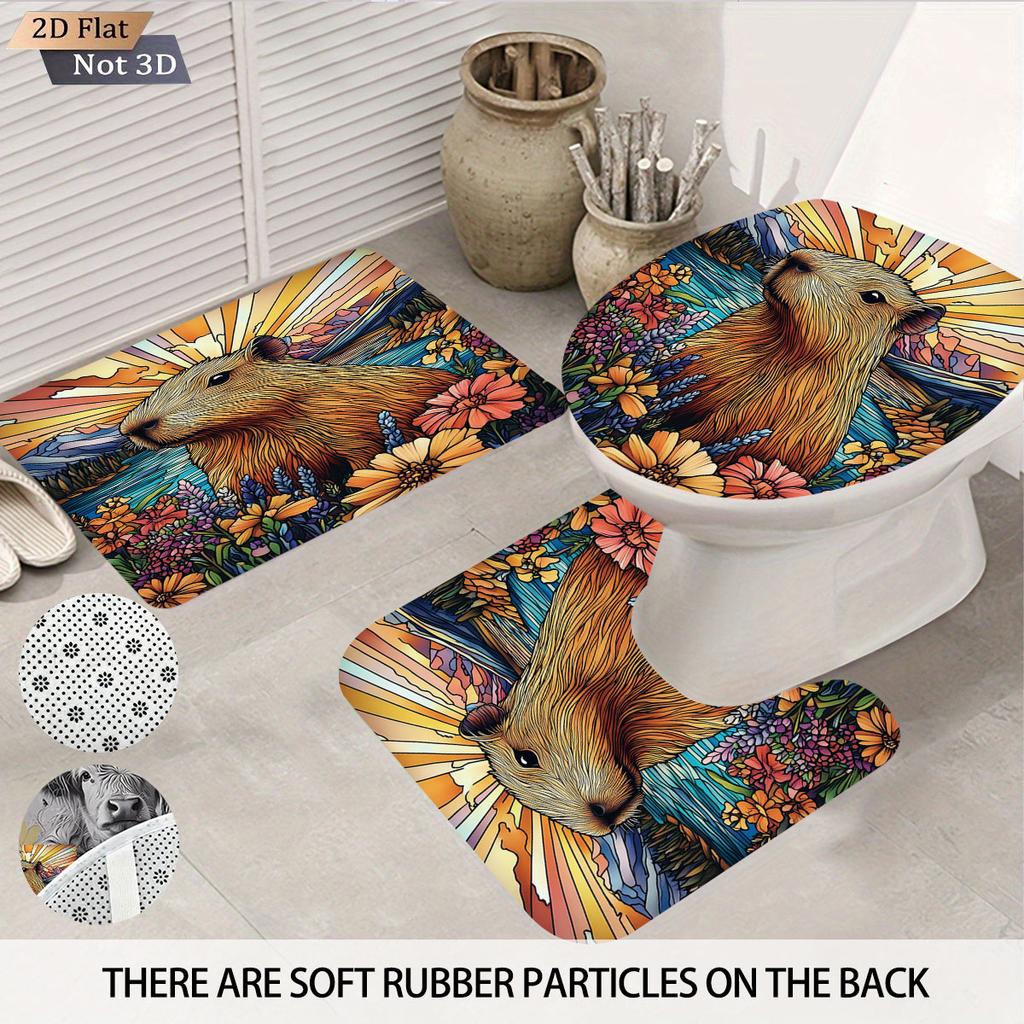 4pcs Capibala Printed Bathroom Set 180x180 Waterproof Shower Curtain With 12 Hook Type Floor Mats, Toilet Mats, U-Shaped Mats