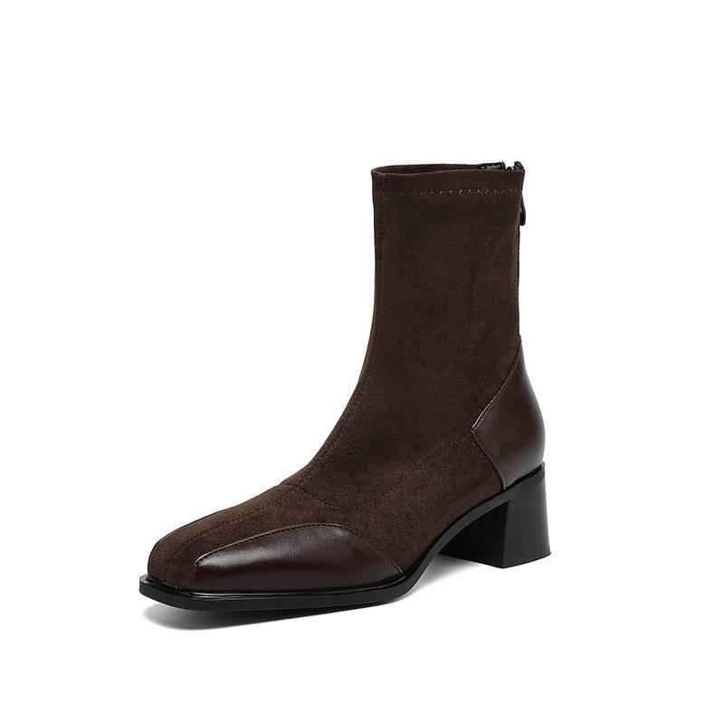 Korean Version of the New Suede Elastic Women's Boots Square Head Large Size Martin Boots Solid Color High Heel Leather Boots Autumn and Winter Mid