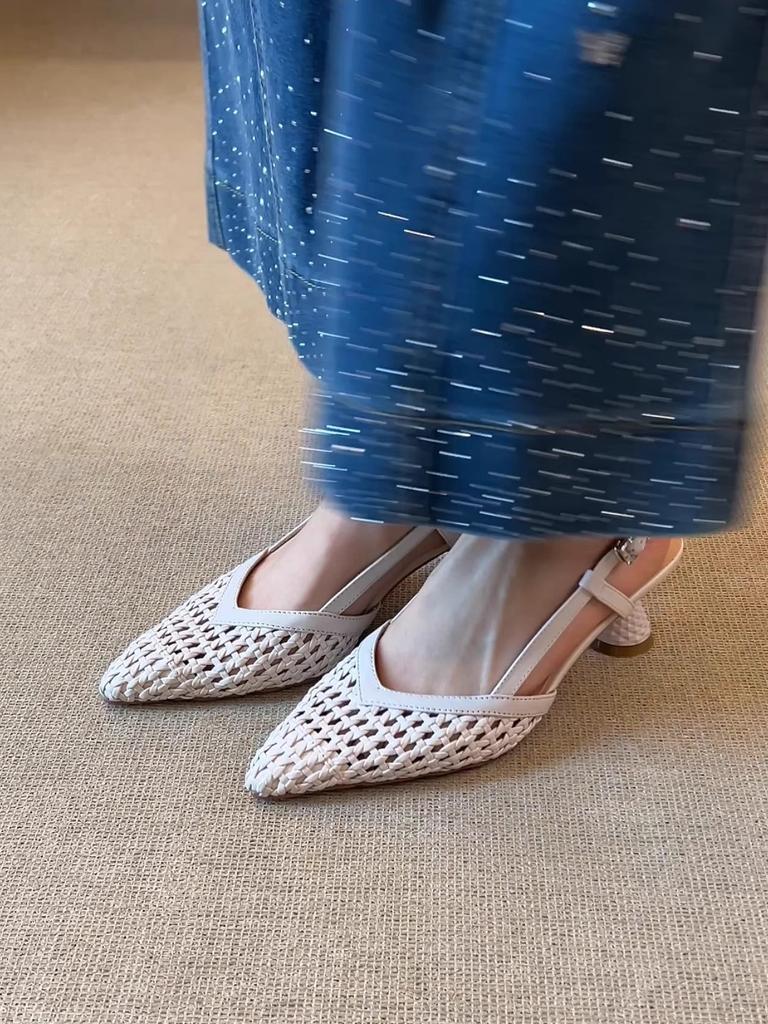 Elegant woven hollow pointed high heels retro soft sole versatile breathable thick heel summer bag head sandals~