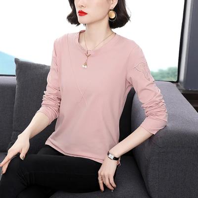 Pull Splicé Nouveau pour Femmes Printemps et Automne Col Rond T-shirt Couleur Unie Manches Longues Lâche Haut Intérieur