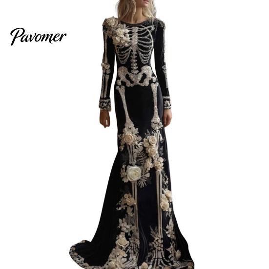 Skeleton Print Maxi Dress Women Dress, Gothic Long Sleeve with Evening 3D Flower Decor, Velvet Floral for Halloween Costume Party Design