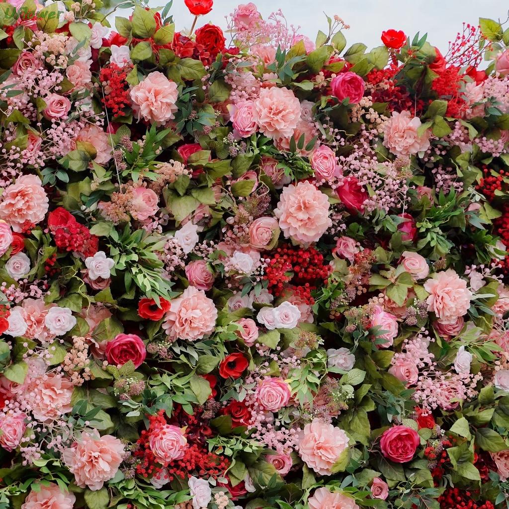 Uflower Artificial Flower Wall Roll-Up Green Fabric Floral Backdrop - Wedding Event Party Decor Curtain