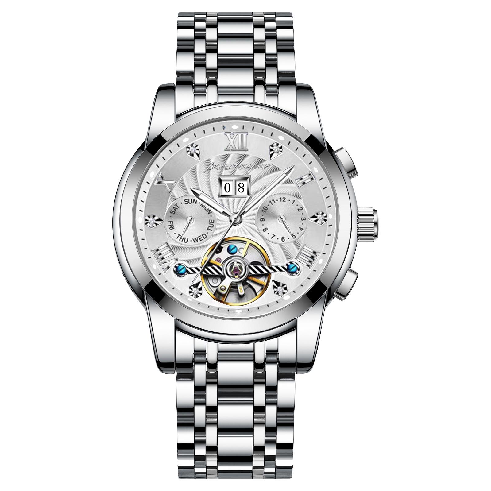 

POEDAGAR Luxury Automatic Mechanical Wristwatch Stainless Steel Tourbillon Man Watch Waterproof Luminous Business Men s Watches срібний/білий