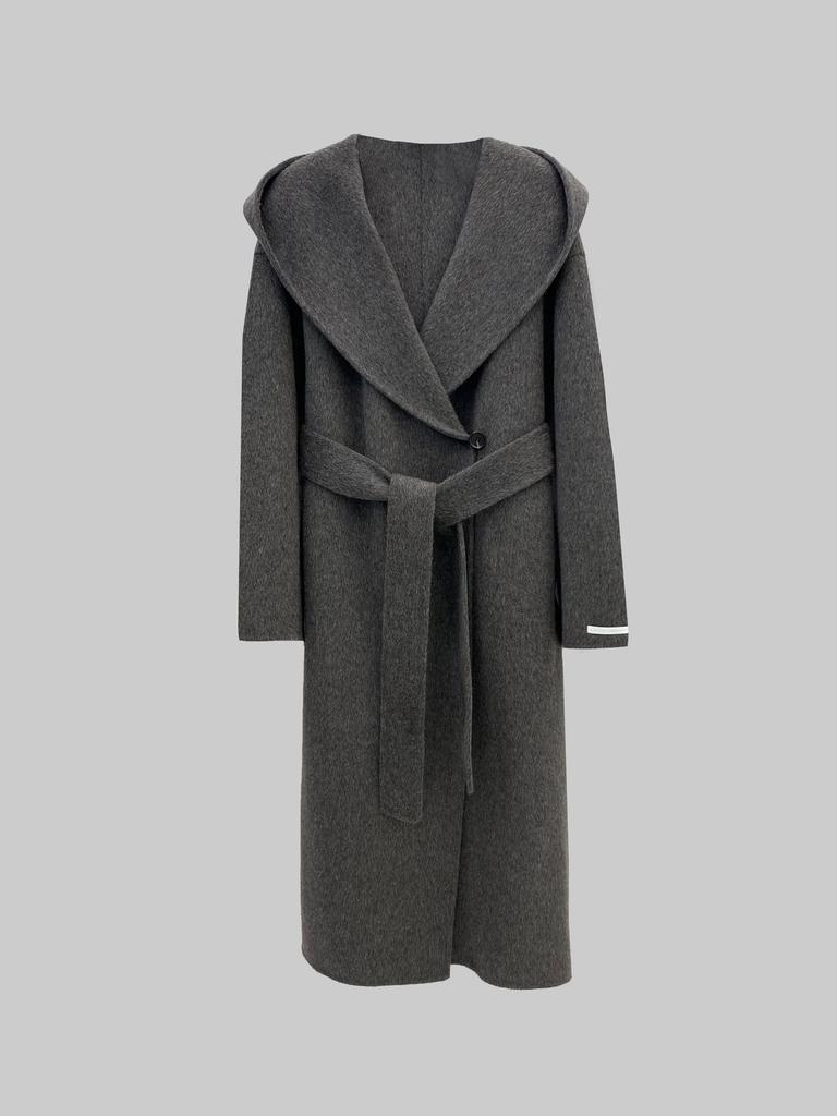Hooded Lazy Loose Double-sided Wool Coat Lace-up Bathrobe Long Coat Autumn and Winter 25 New Women's Black and White Gray