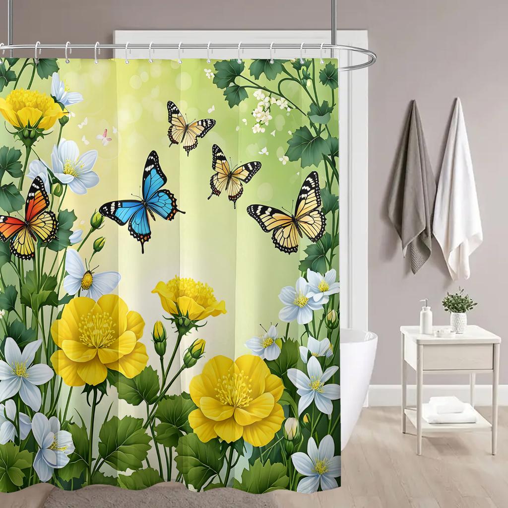 Elegant Butterflies and Yellow Flowers Waterproof Shower Curtain – Perfect for Adding a Vibrant and Natural Touch