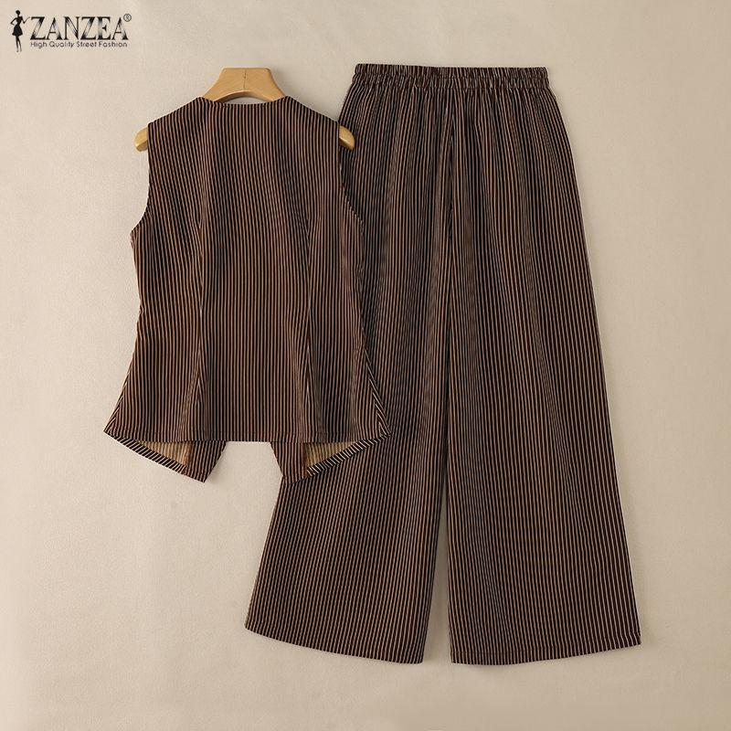 ZANZEA Women Sleeveless Vest Tops and Pants Stripe Print Two Piece Suit Sets