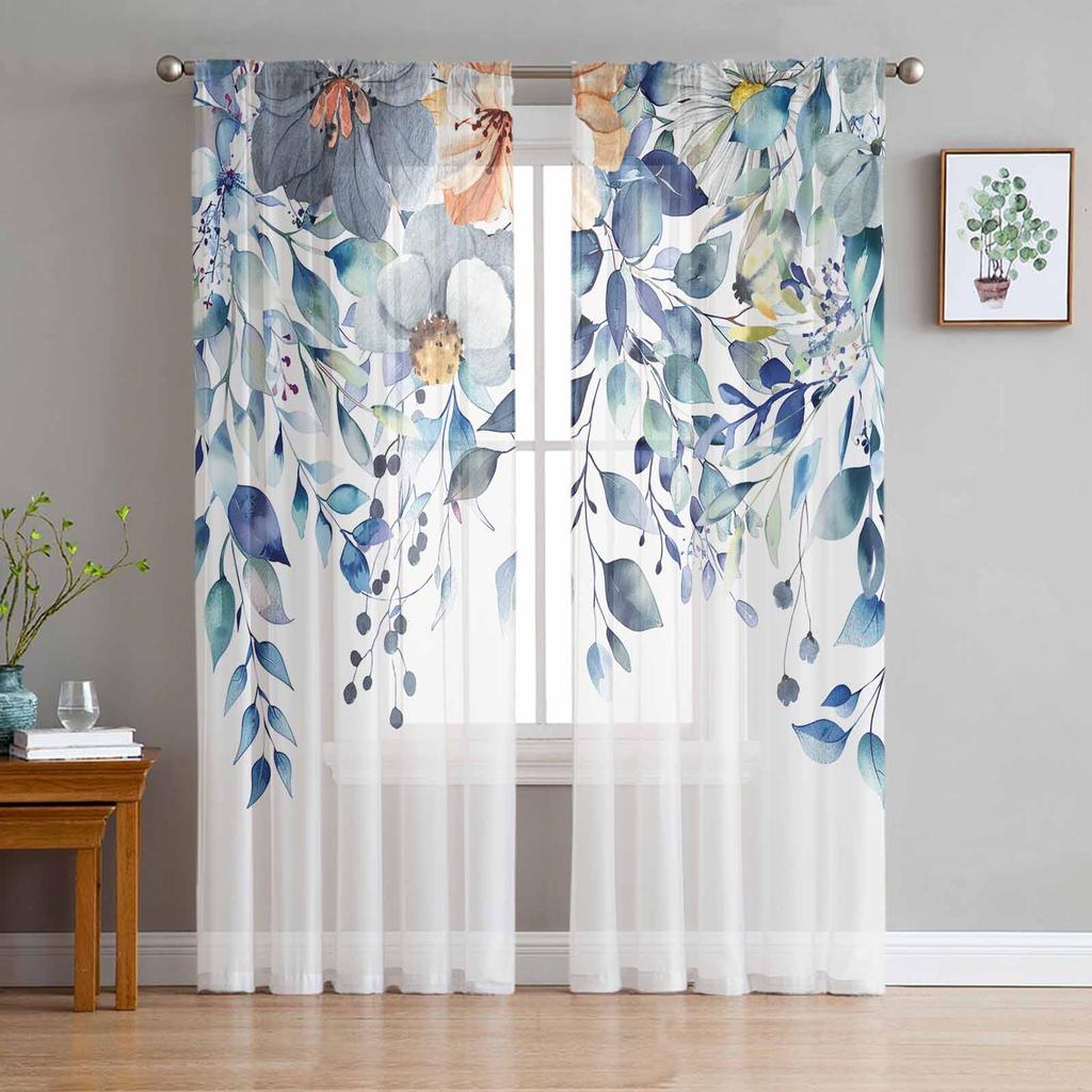 Pastoral Plants Flowers Plants Watercolor Sheer Curtain Living Room Drapes Home Bedroom Voile Curtain Tulle Window Curtain