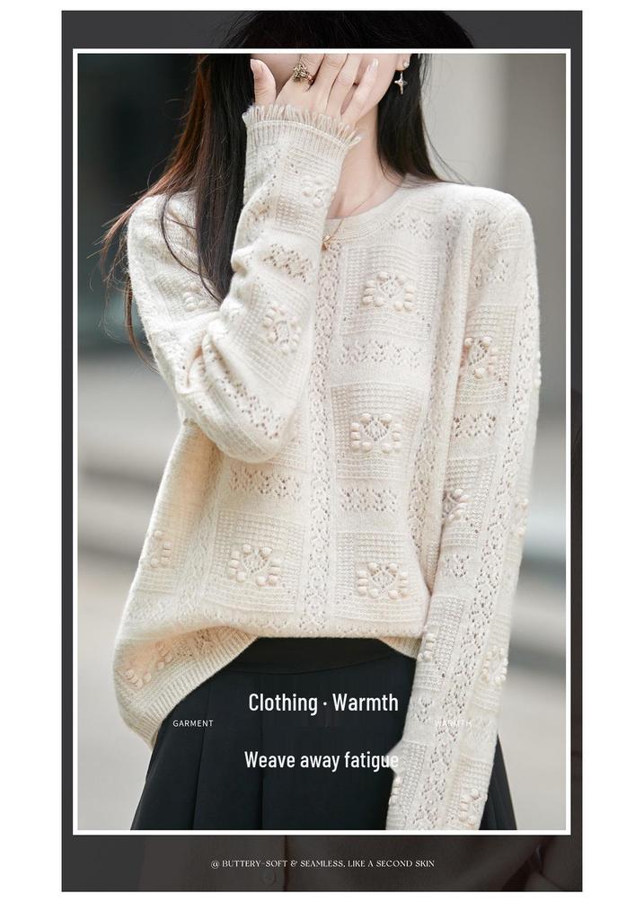 2026 A/W Plaid Wave Pattern Loose Pure Wool Knit Sweater - Women's Round Neck Long Sleeve