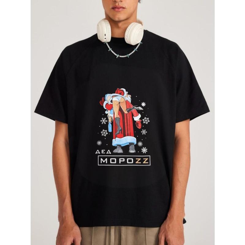 

Белая футболка с графическим принтом Санта-Клауса и женщины и надписью Morozz для повседневной носки XXXXL чёрный