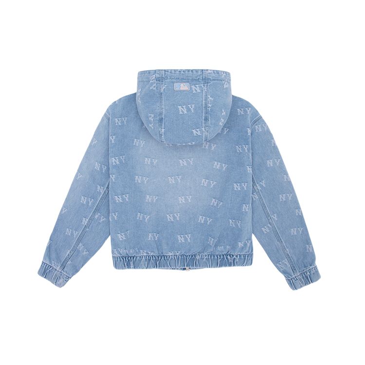 MLB Monogram New York Yankees Full Print Fashion Simple Loose Hooded Denim Jacket Unisex Jacket Light-Blue 3ADKM0251-50BLL