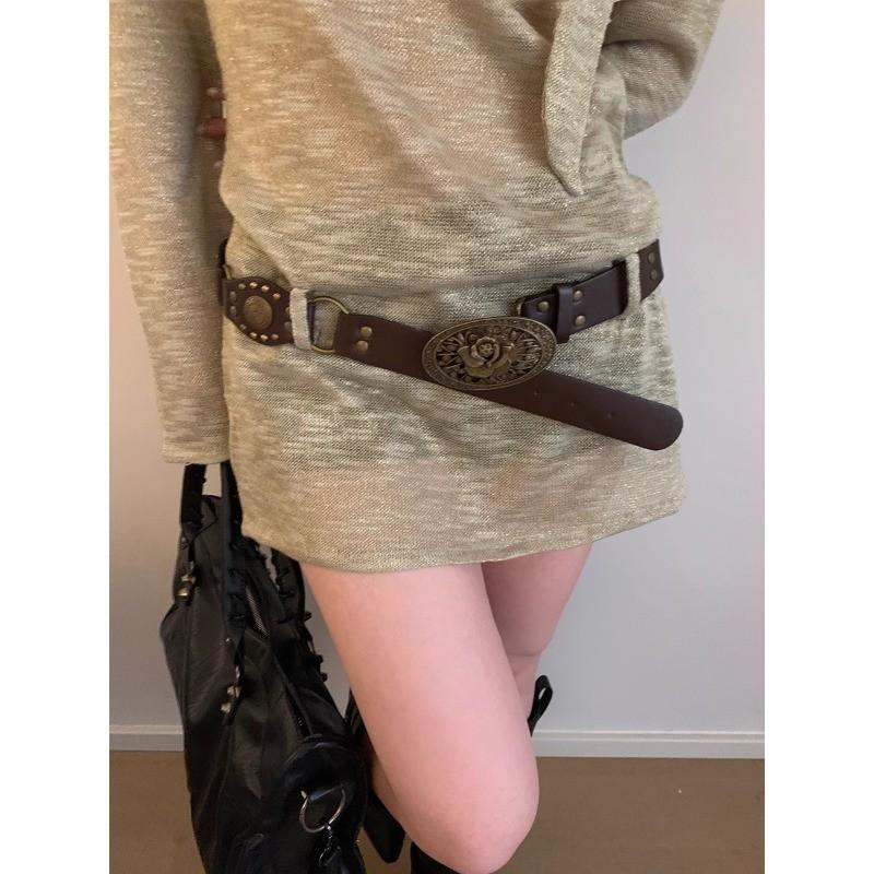 Vintage American Denim Leather Belt For Women With Metal Buckle Fashion Waist Accessory