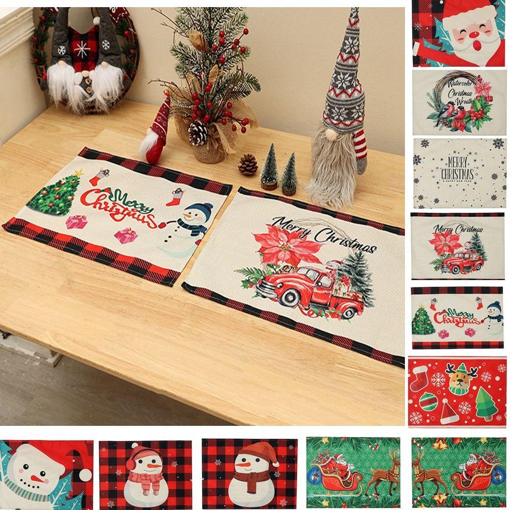 

Snowflake Snowman Placemats Red Black Plaid Deer Linen Table Mat Restaurant