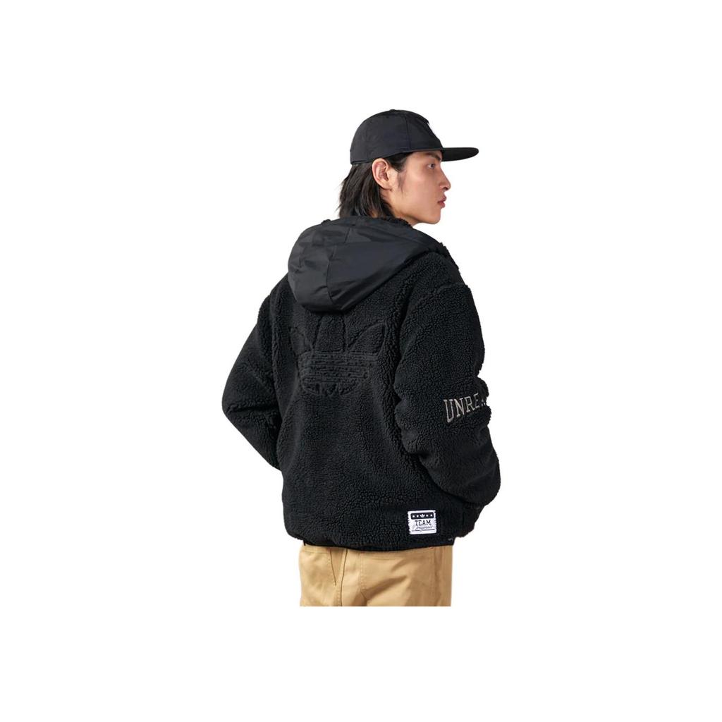 adidas Originals Trefoil Logo Patch Hooded Lambskin Jacket Unisex Jackets Black HS2004