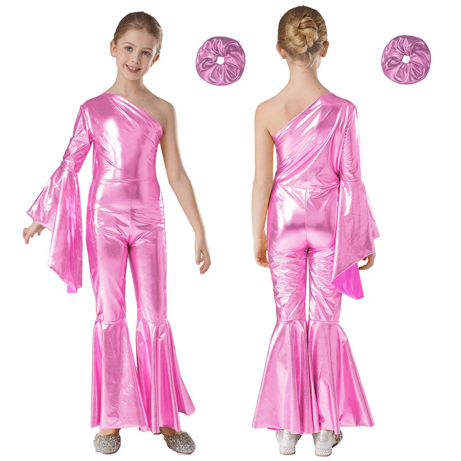 

Блискучі широкі брюки для дівчат, комбінезон, комбінезон, комбінезон, плаття для диско-вечірки, комбінезон, костюм на Хеллоуїн, кльош, блискучі танцювальні трико 5-6 Years рожевий