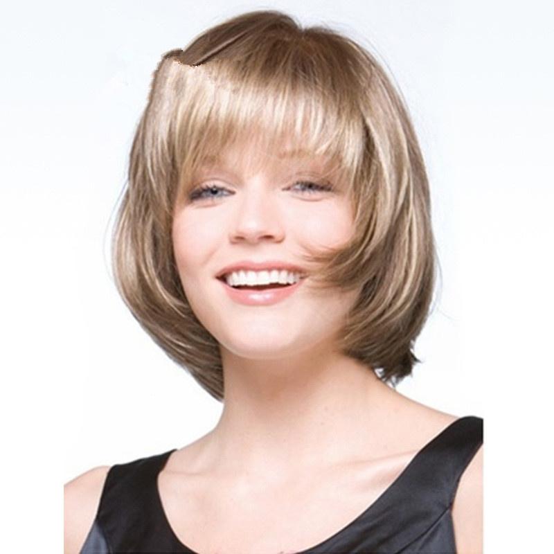 Synthetic Short Blonde Wig for White Women Straight Hair Bob Wig with Bangs Natural Soft Daily Cosplay Halloween Lolita Party