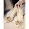 White pointed satin wedding shoes bridal shoes French rhinestone high heels women's high sense