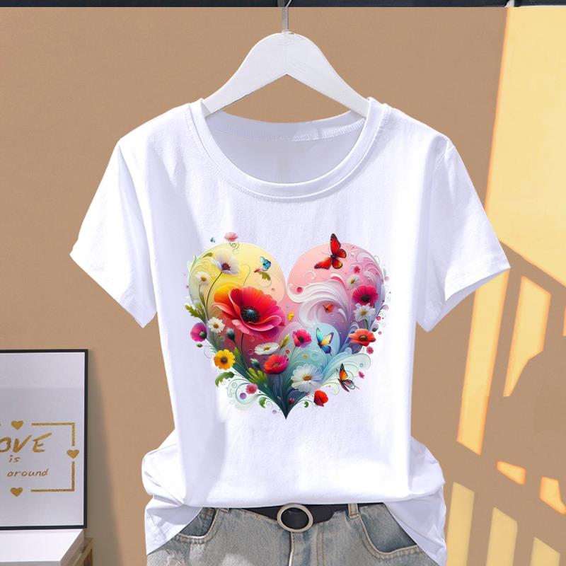 (Asian Size) Graphic Female Top Women's Clothing T O-neck Tee love heart trend Fashion Print Casual Short Sleeve T-shirts