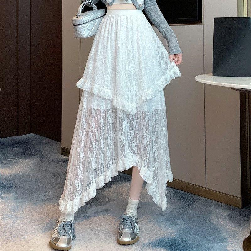 Elegant Lace Cake Skirt With High Waist And Ruffle Hem For Womens Spring Fashion