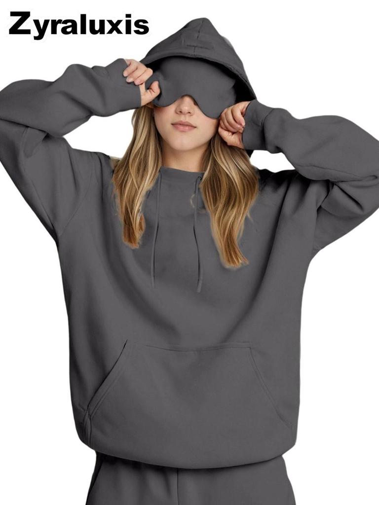 Fall Winter Hooded Solid Color Long Sleeve Sweatshirt