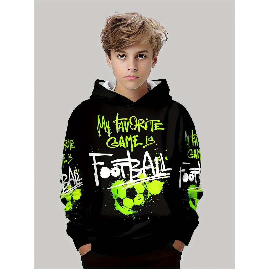 Guttegenser med 3D-trykk - Fotballmønster Slogandesign, Langermet Høst/Vinter Casual Sportstopp