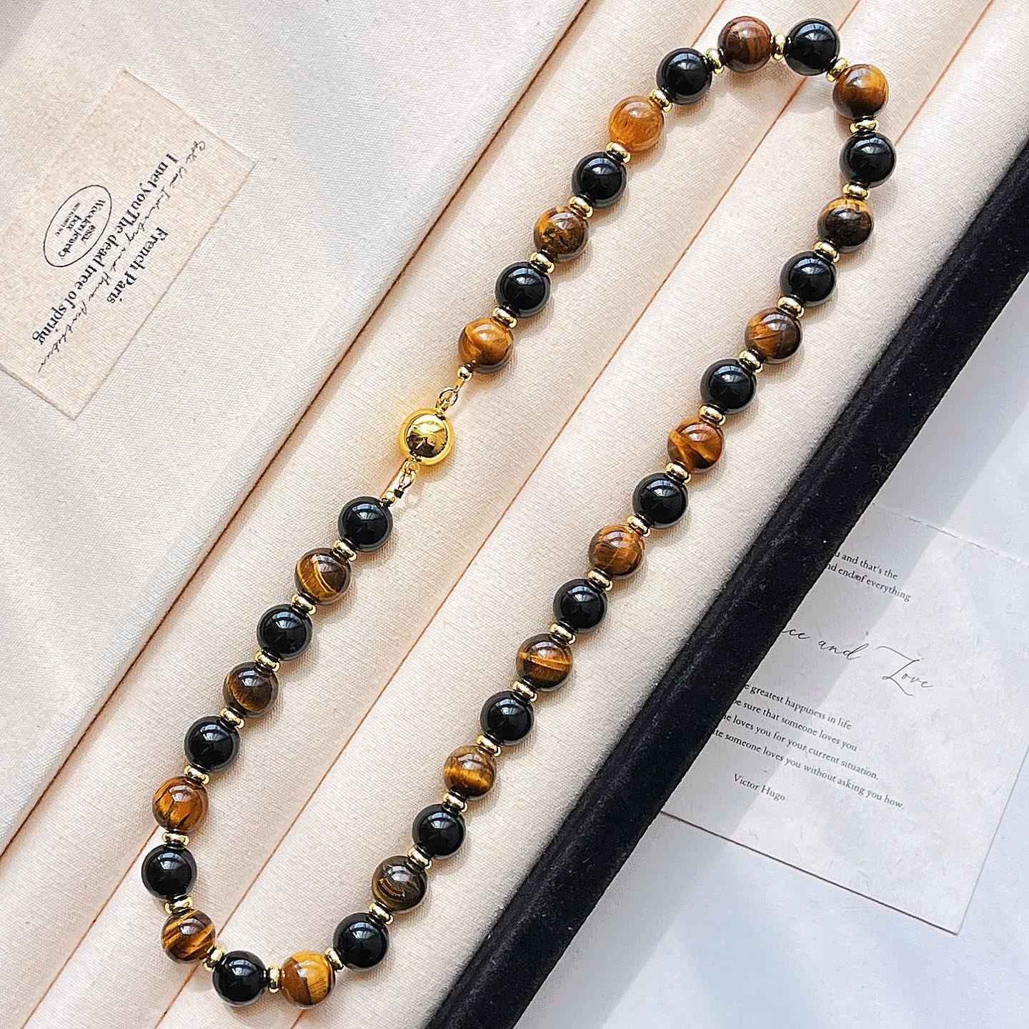 Autumn And Winter Maillard Style Boutique Natural Tiger S Eye Stone Black Agate Design Necklace Collarbone Chain