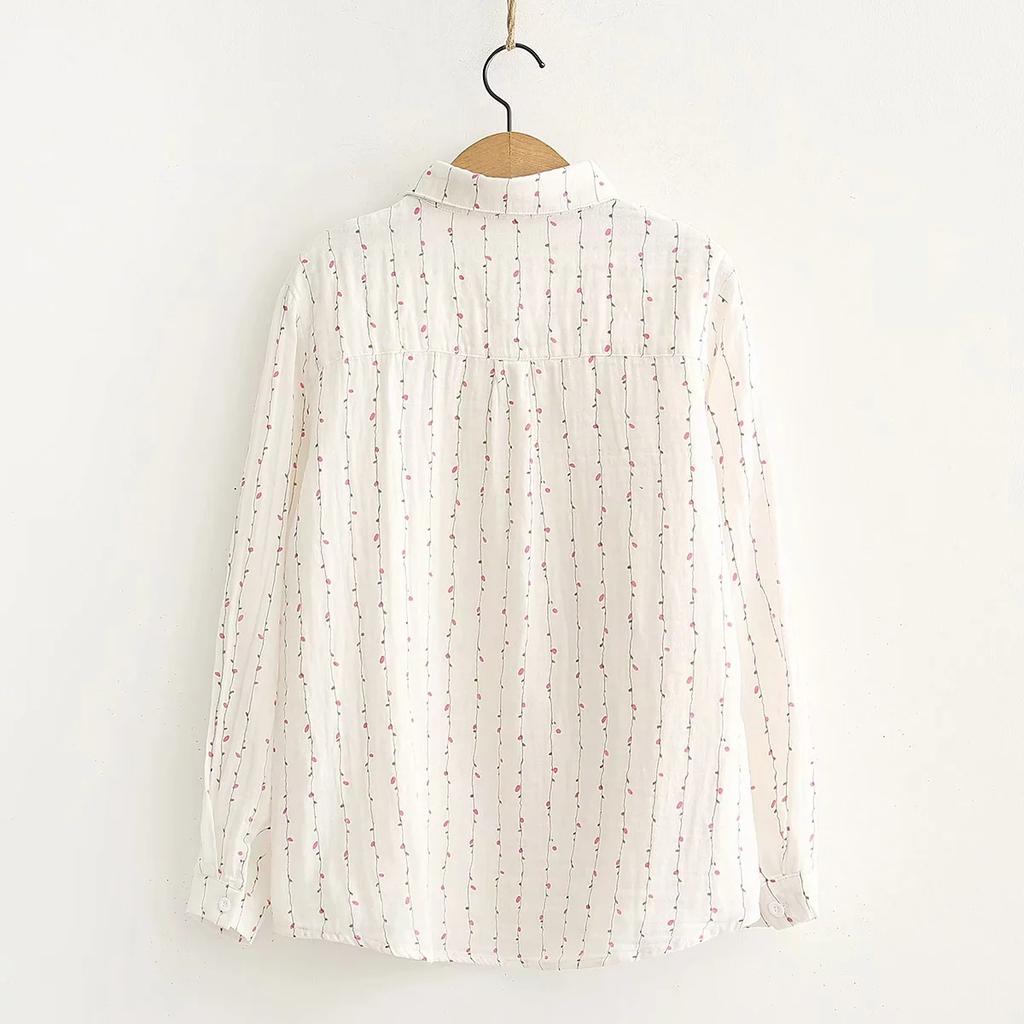 Spring Autumn Women White Shirts Cotton Yarn Floral Printing Long Sleeve Lady Tops Loose Blouses Soft Female Clothing