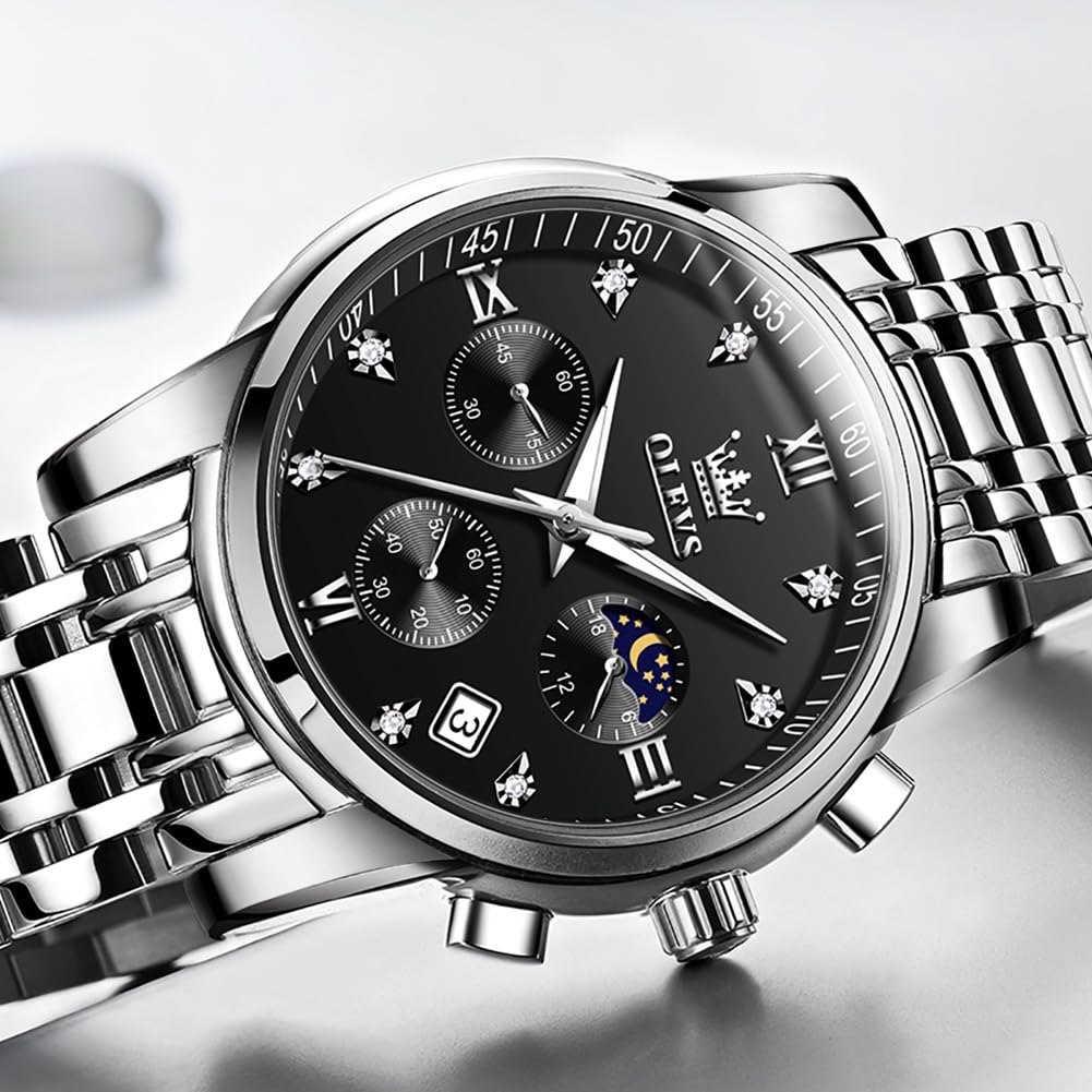 OLEVS Quartz Watch Moon Phase Waterproof Luminous Date Timer Stainless Steel Simple Fashion Watch for Men Men's (Black)