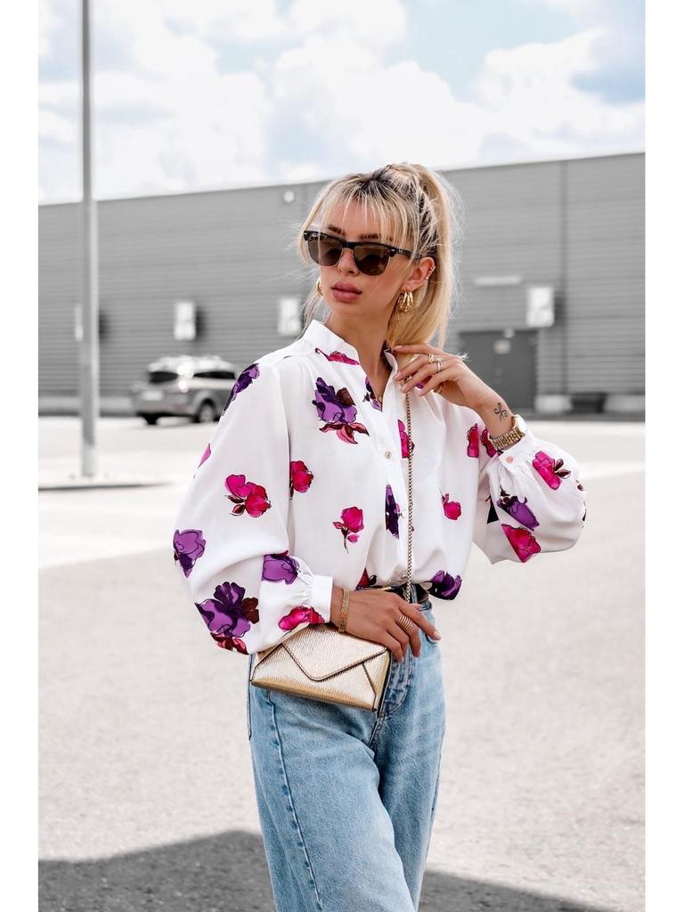 Autumn 2024 Floral Print Stand-up Collar Long Sleeve Shirt for Women - European & American Style