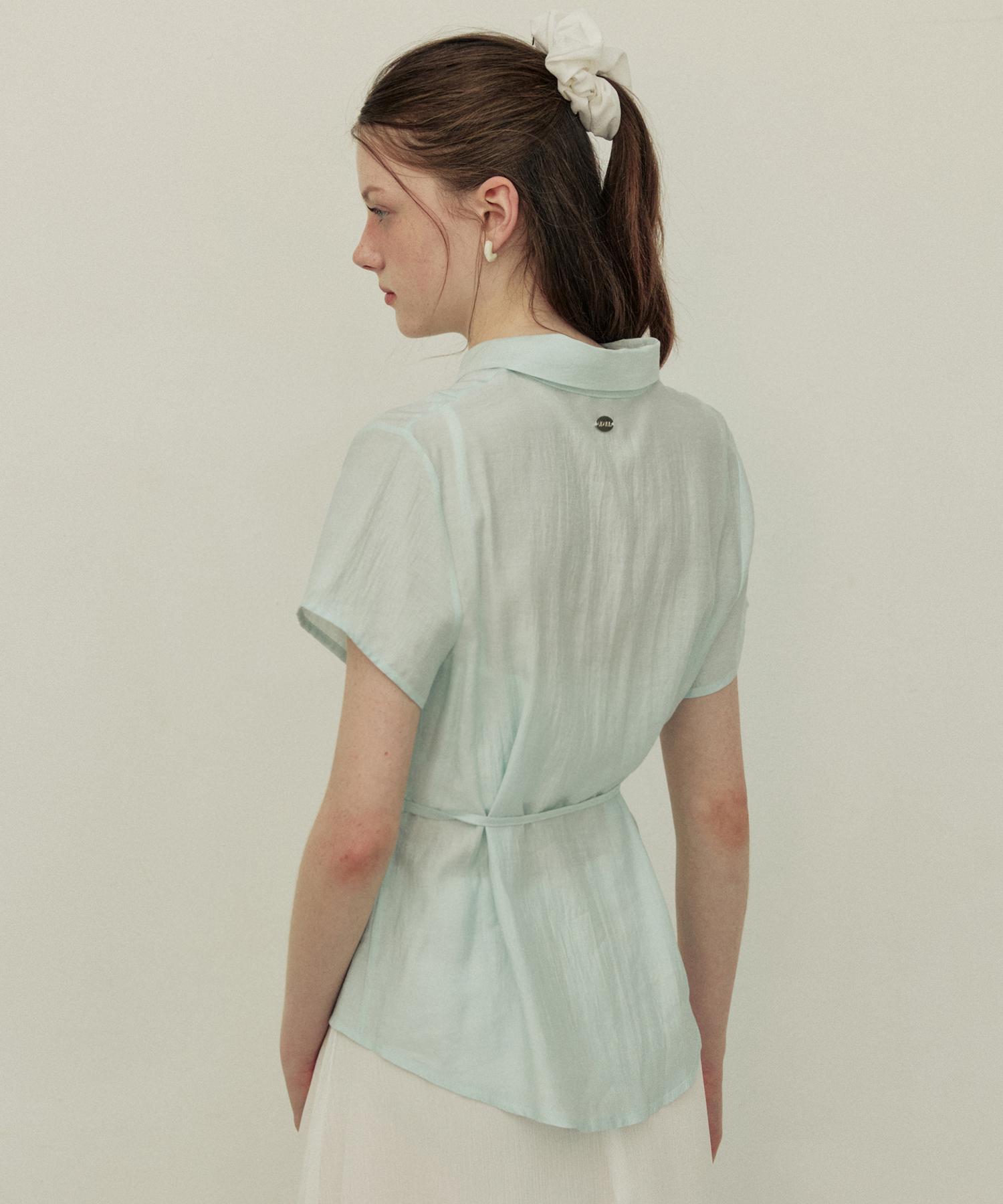 Adowl See Through Sheer Belt Shirt - Blue Blue/Free