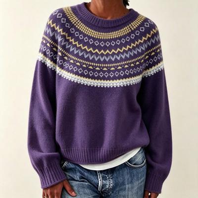 Womens Loose Fit Crew Neck Knit Sweater With Color Block Jacquard Design Fall Winter