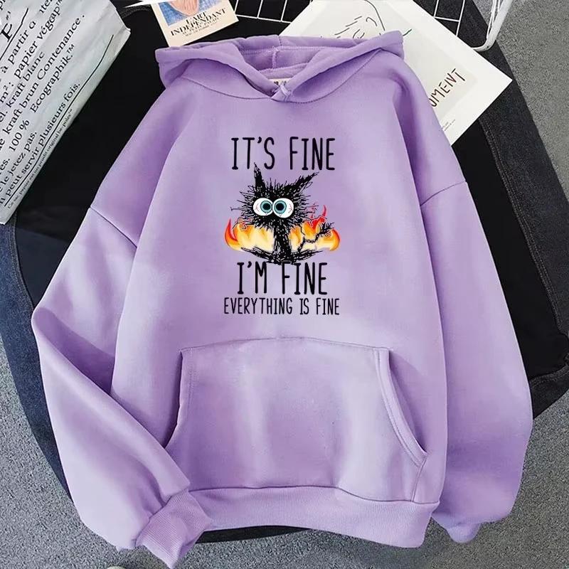 2025 Het Katt Det Är Fint Jag Är Fin Allt Är Fint Tryckta Damhuvtröjor Huvförsedd Mode Casual HipHop Sweatshirts Harajuku