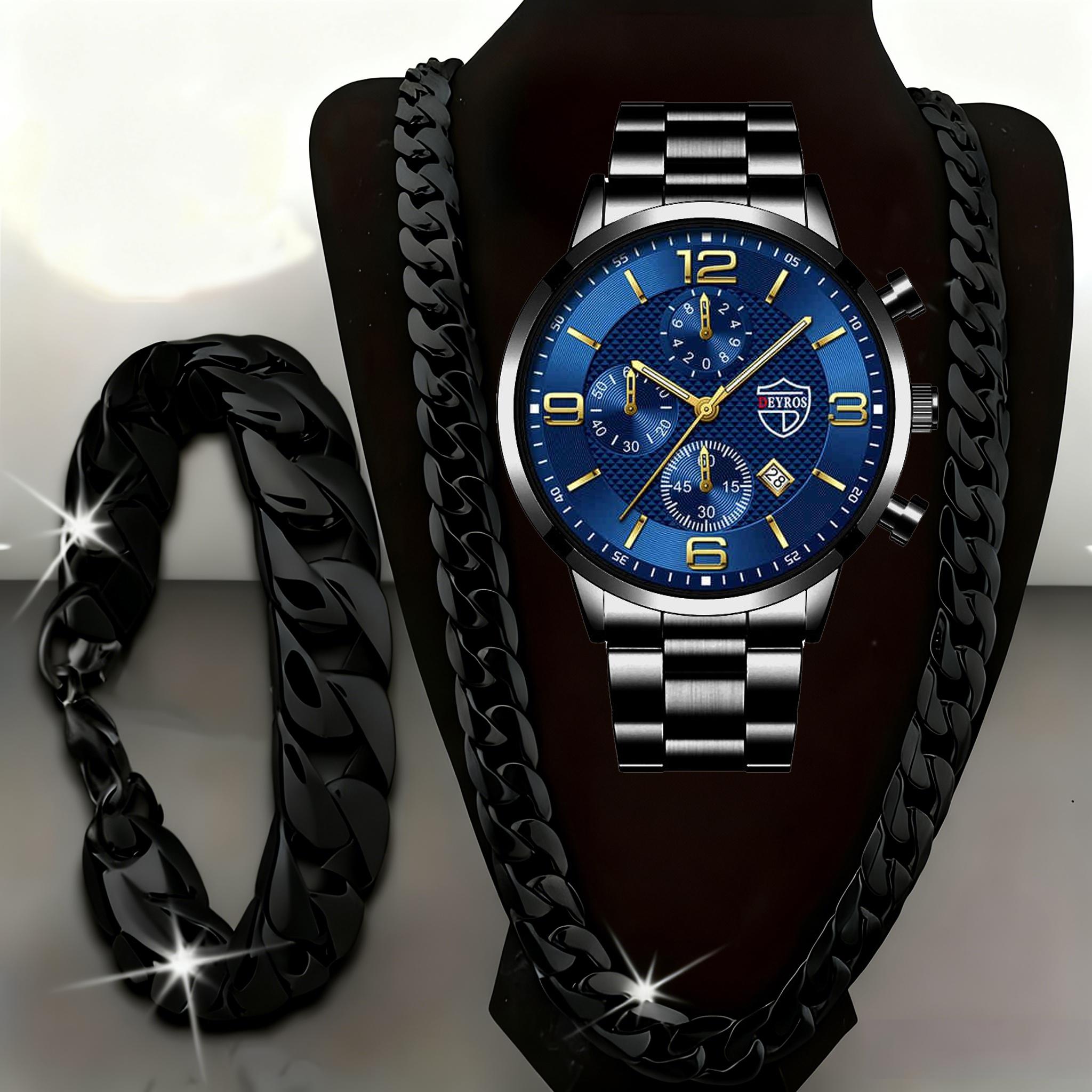 Спортивный набор часов 3 шт. Мужской кварцевый набор часов Мужской браслет Мужское ожерелье Набор браслетов из нержавеющей стали Повседневные часы для мужчин синий