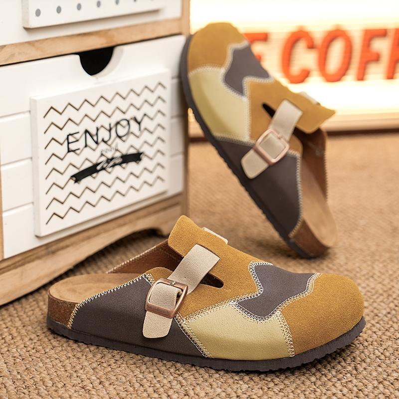 Quality Cow Suede Mules Man Brown Sewing Half Shoes For Man Indoor Platform Men's Cork Slippers Closed-toe Couple Casual Sandals