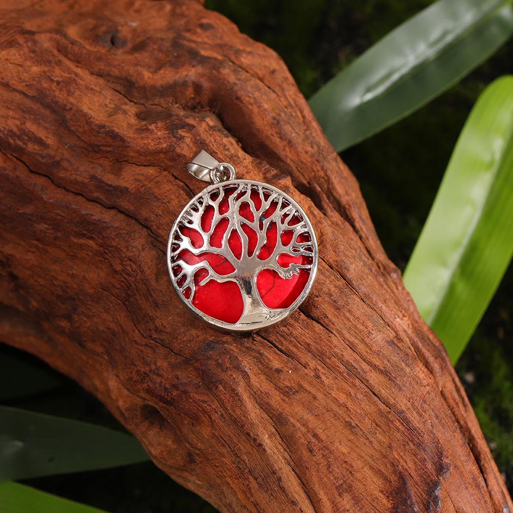 Cross Hollow Life Tree Pendant: Natural Crystal Agate Money Tree Necklace, Natural Stone Round Wishing Tree Pendant.