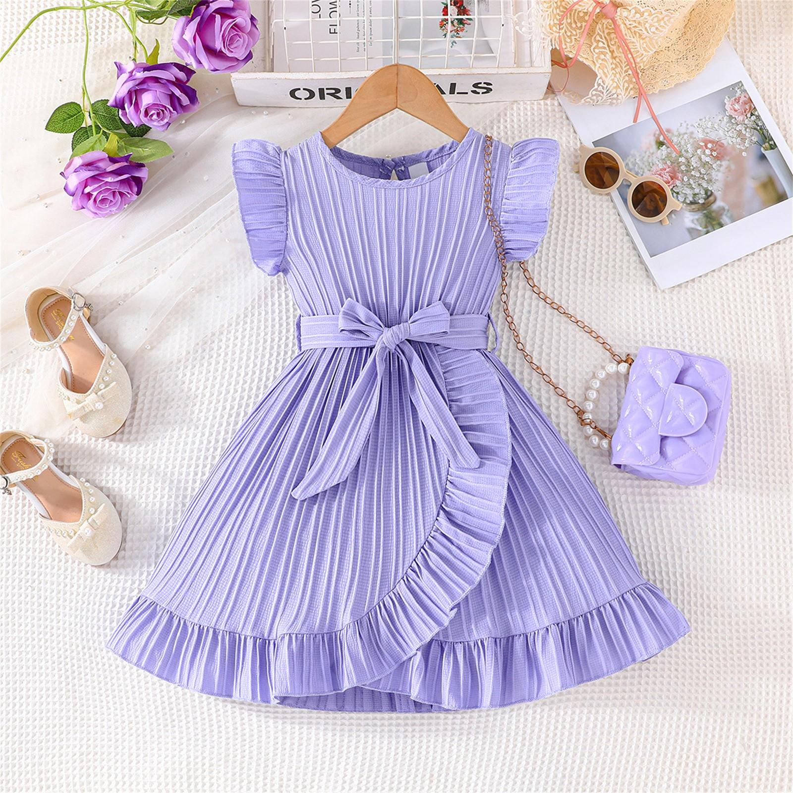 

Summer Fashion Girls Color Waves Fly Sleeve Round Neck Flounted Skirt 6Y
