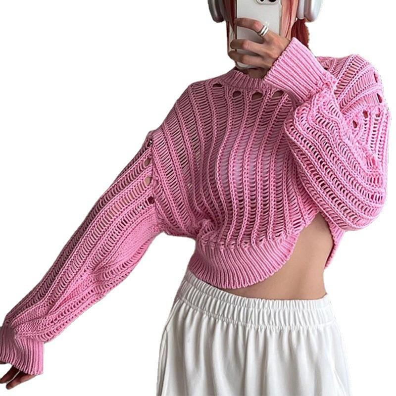 Womens Cropped Knit Sweater Casual Streetwear Long Sleeve Hollow Out Pullover Top