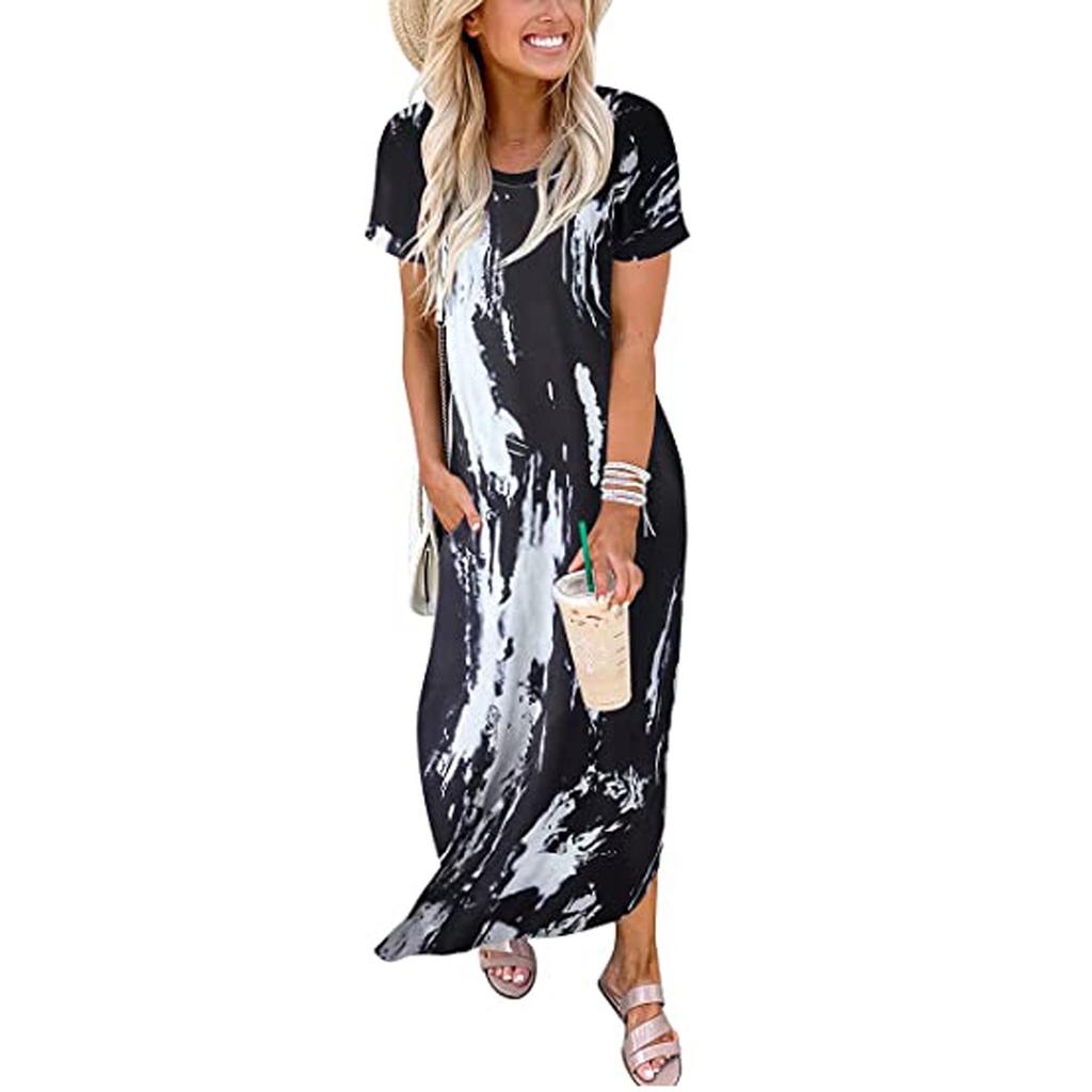 Frauen Casual Lose Einfarbig Tasche Langes Kleid Ärmel Split Maxi Kleider