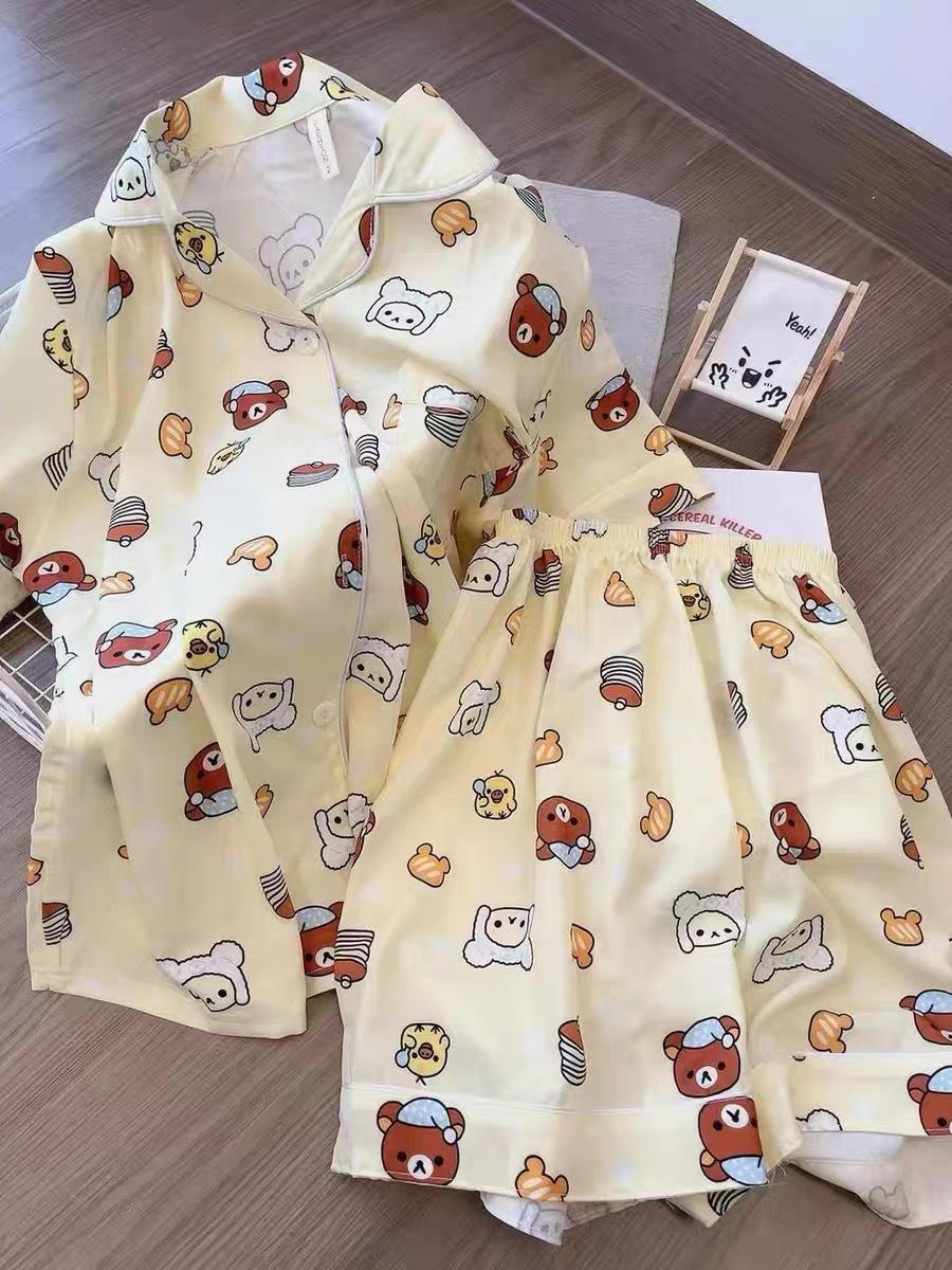 

Full of cartoon relaxed bear milk cute pajamas women s summer short-sleeved shorts cardigan two-piece princess style loungewear S