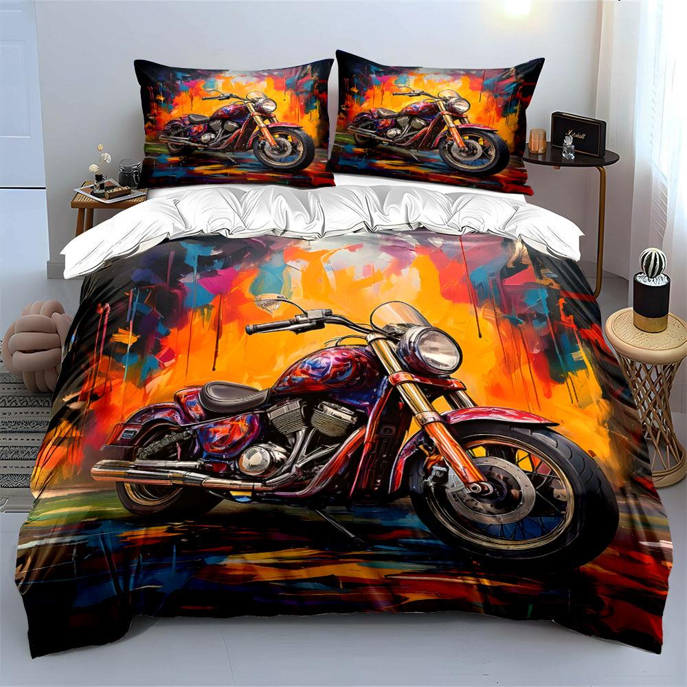 Painted motorcycles and graffiti background Print Bedding Set 1 Duvet Cover 2 Pillowcases for Adult and Children Luxury Gift